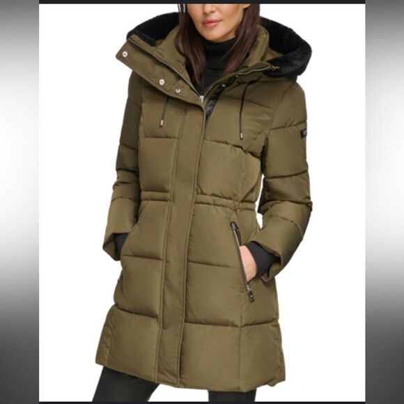 DKNY $380 WOMEN'S FAUX-FUR-TRIM HOODED ANORAK PUFFER COAT Dark Green Large NWT